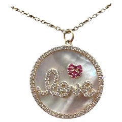 14K Yellow Gold Diamond Love Disc Necklace MOP Ruby 18”