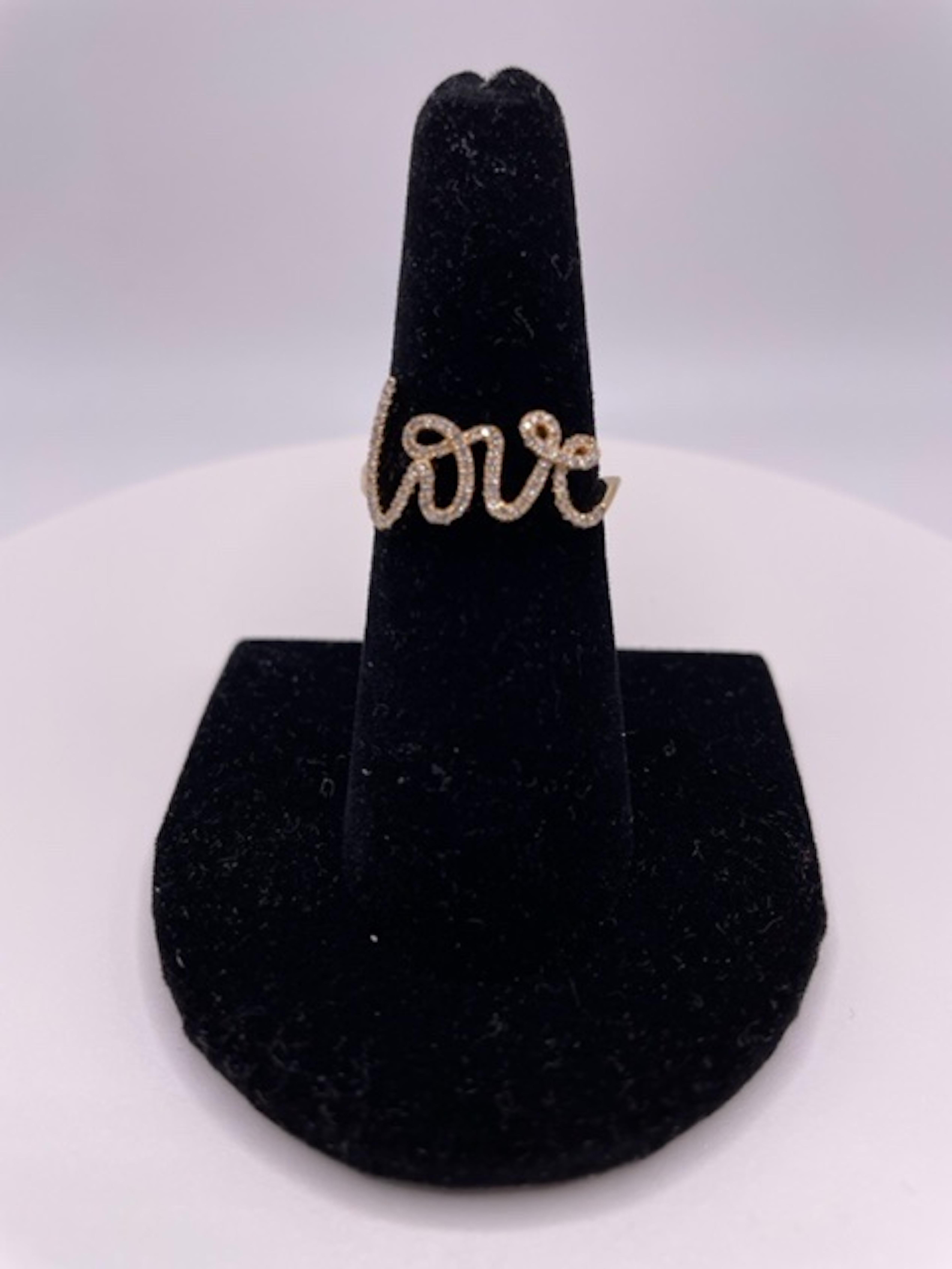 14k Yellow Gold Diamond Love Ring
Scripted out LOVE in Diamonds
Total Diamond Weight: 0.22ct
14k Yellow Gold
Color: HI
Clarity: SI-2-I1
US Size: 7