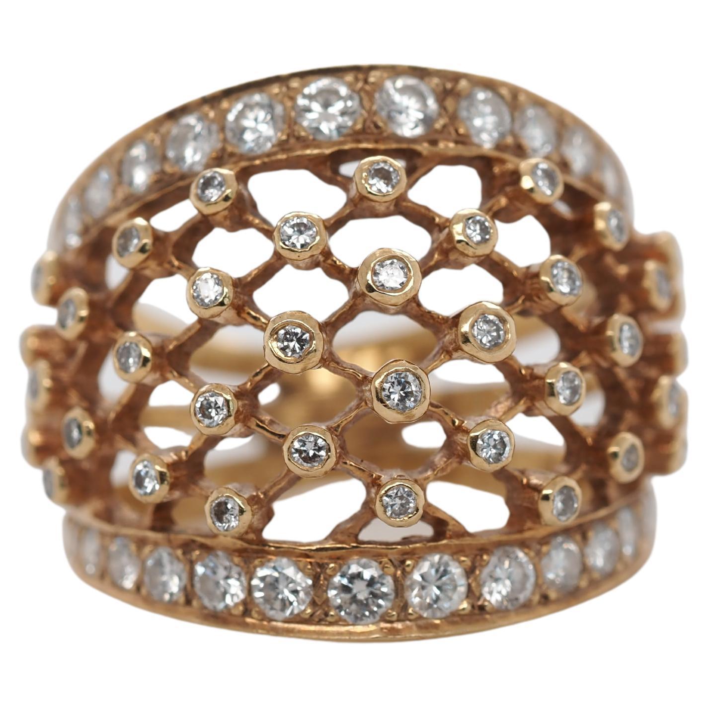 14k Yellow Gold Diamond Mesh Style Ring Band For Sale