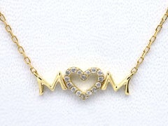 14K Yellow Gold Diamond "MOM" Heart Pendant Necklace