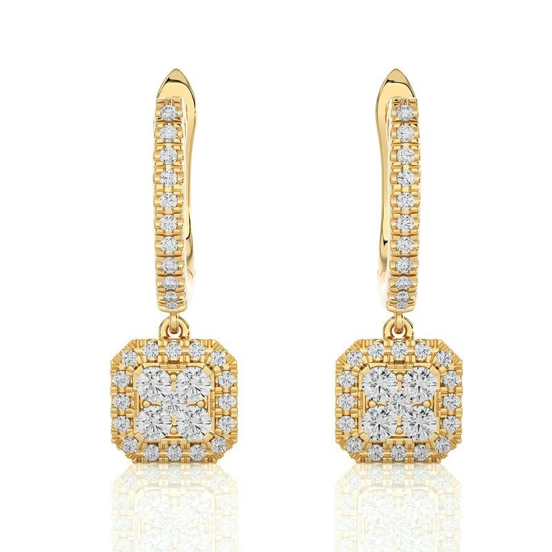Round Cut 14K Yellow Gold Diamond Moonlight Cushion Cluster Earring -0.5 ctw  For Sale
