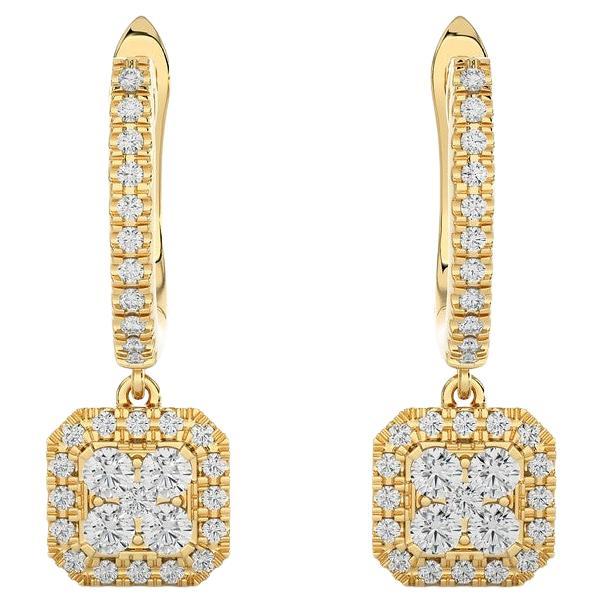 14K Yellow Gold Diamond Moonlight Cushion Cluster Earring -0.5 ctw  For Sale