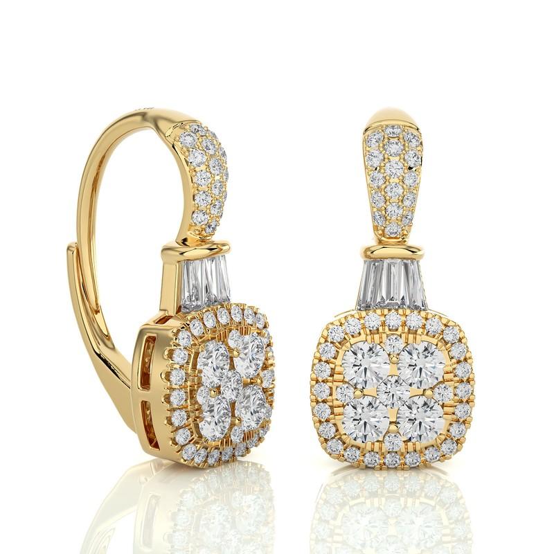 Modern 14k Yellow Gold Diamond Moonlight Cushion Cluster Lever Back Earrings -1 ctw  For Sale