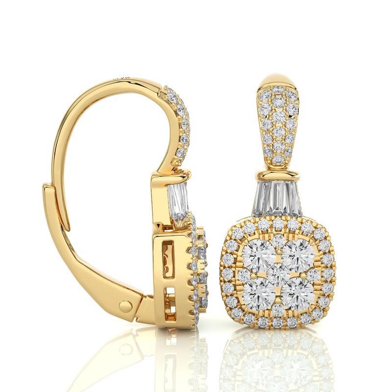 14k Gelbgold Diamant-Mondlicht-Cluster-Ohrringe mit Kissenschliff und Klappverschluss -1 Gesamtkaratgewicht  (Rundschliff) im Angebot