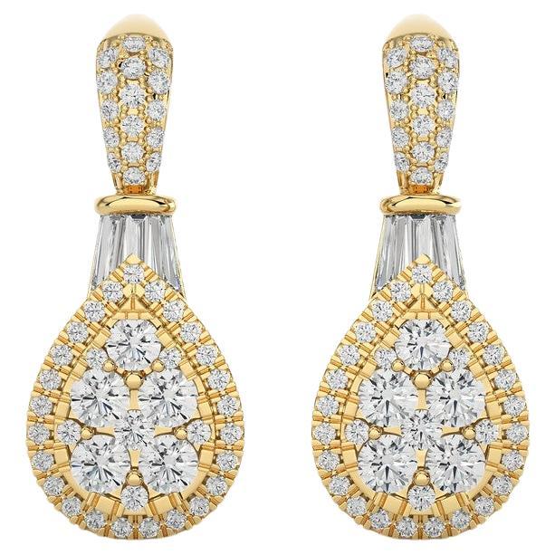 14K Yellow Gold Diamond Moonlight Pear Cluster Earring -1 ctw  For Sale