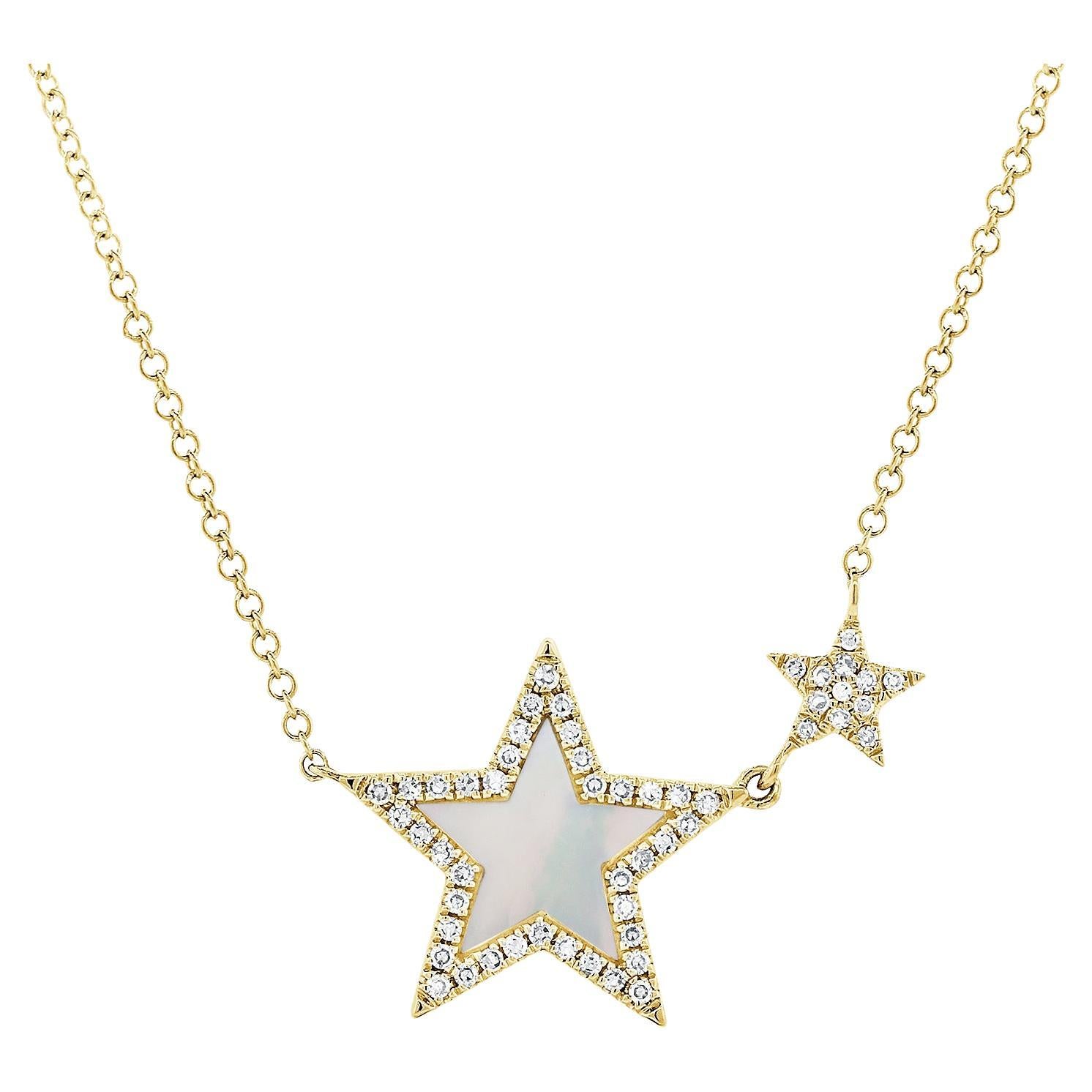 14K Yellow Gold Diamond & Mother of Pearl Star Necklace for Her For Sale