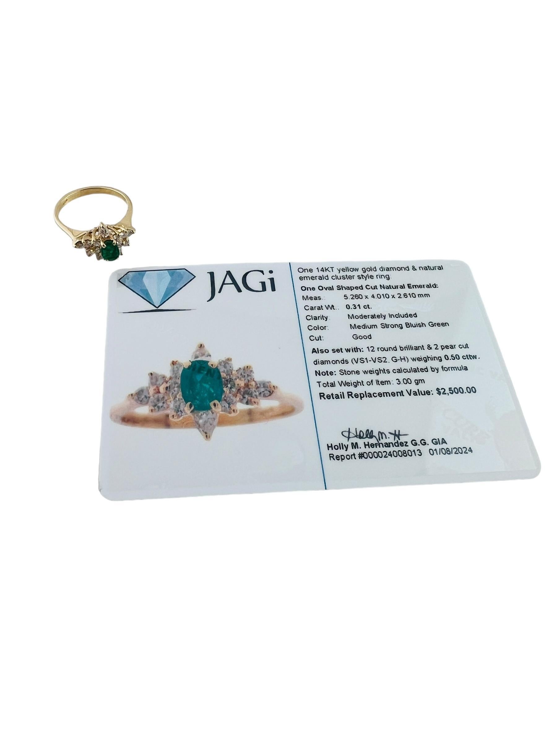 14K Gelbgold Diamant & natürlicher Smaragd Cluster-Ring Größe 6,5 #16501 im Angebot 5