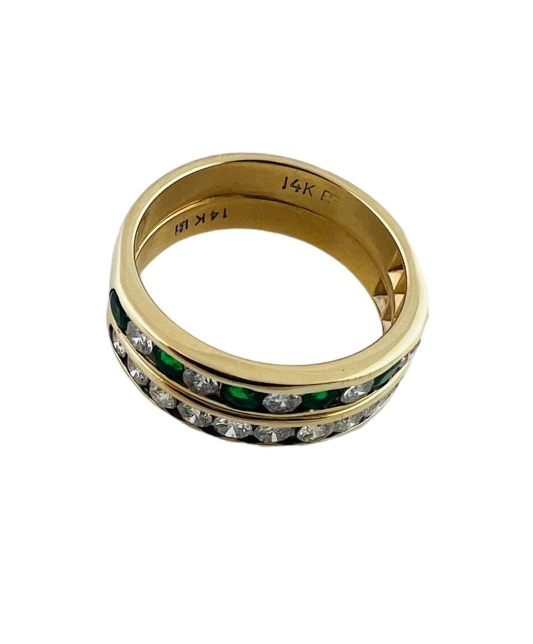 Round Cut 14K Yellow Gold Diamond & Natural Emerald Double Band Size 6.25 #16487 For Sale