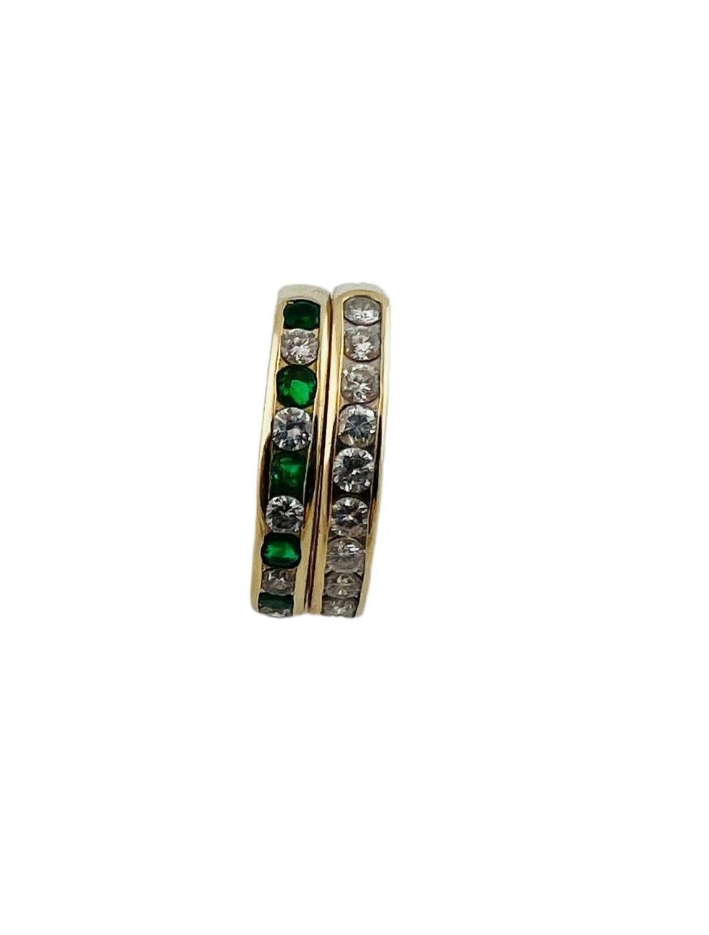 14K Yellow Gold Diamond & Natural Emerald Double Band Size 6.25 #16487 In Good Condition For Sale In Washington Depot, CT