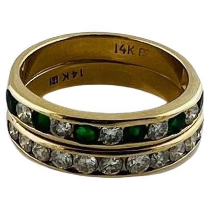 14K Yellow Gold Diamond & Natural Emerald Double Band Size 6.25 #16487 For Sale