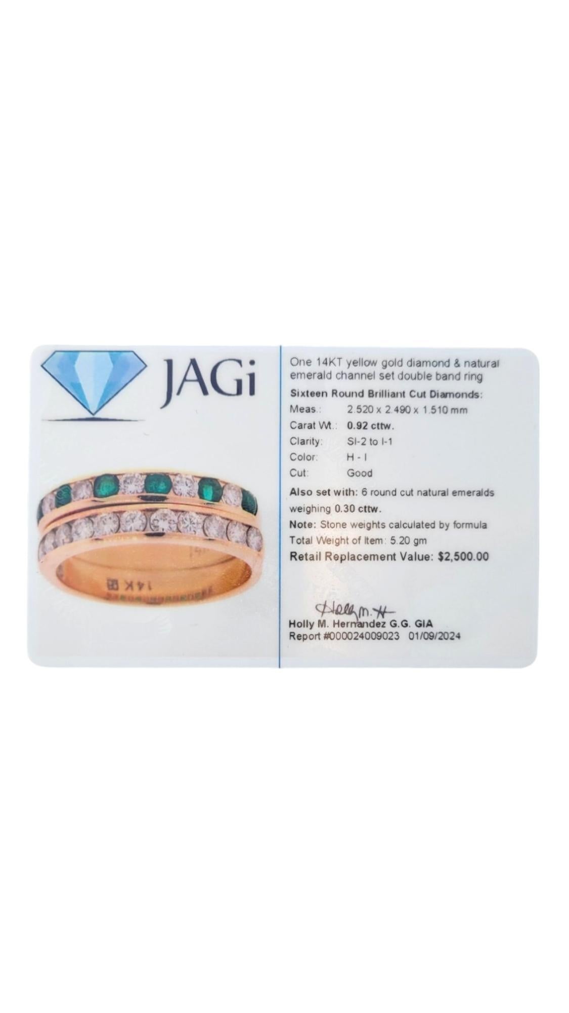 14K Yellow Gold Diamond & Natural Emerald Double Band Size 6.25 #17674 For Sale 3