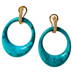 Pendientes aldaba de oro amarillo de 14 quilates con diamantes y turquesa natural 0,58 qt