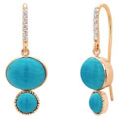 14K Yellow Gold Diamond & Natural Turquoise Shepherd Hoop Earrings