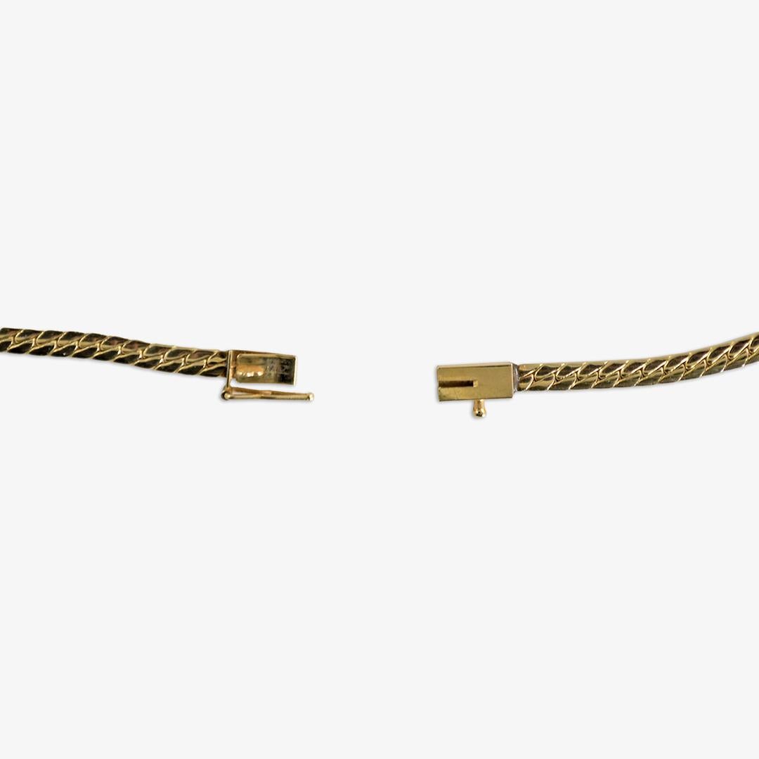 Ladies 14k yellow gold and diamond necklace.
Stamped 14k and weighs 15.1 grams.
The diamonds are round brilliant cuts, .25 total carats, H to I color, Vs clarity.
The necklace measures 17 inches long and the chain is 2.8mm wide.
Excellent condition.
