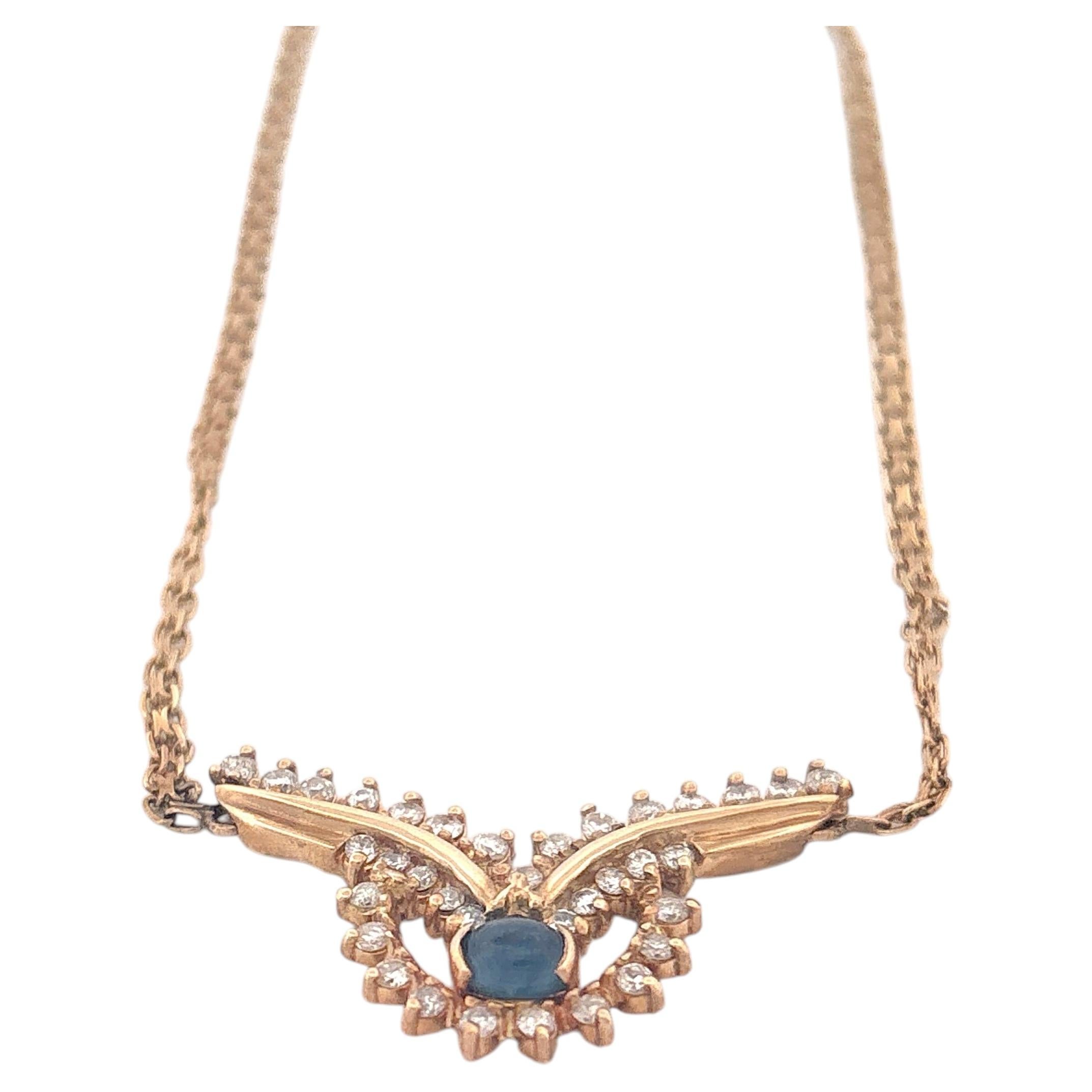 Collana vintage in oro giallo 14K con zaffiri blu e diamanti, 0,33ct