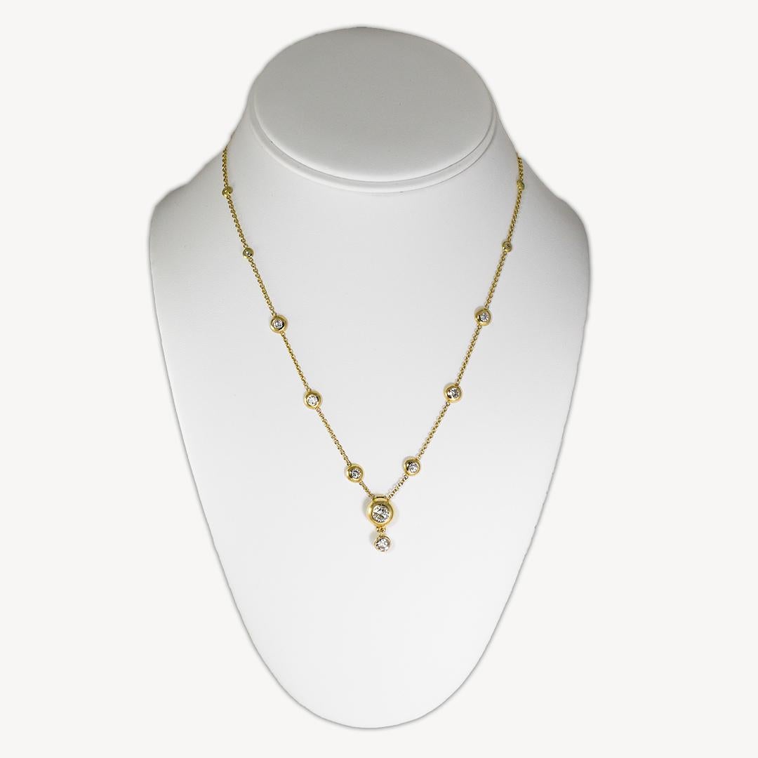 Ladies' 14k yellow gold diamond necklace.
Tests 14k with an electronic tester and weighs 7.8 grams gross weight.
The pendant is detachable.
It contains a .50ct round brilliant , j color, i1 clarity and a .33ct round brilliant, H-i color, Si