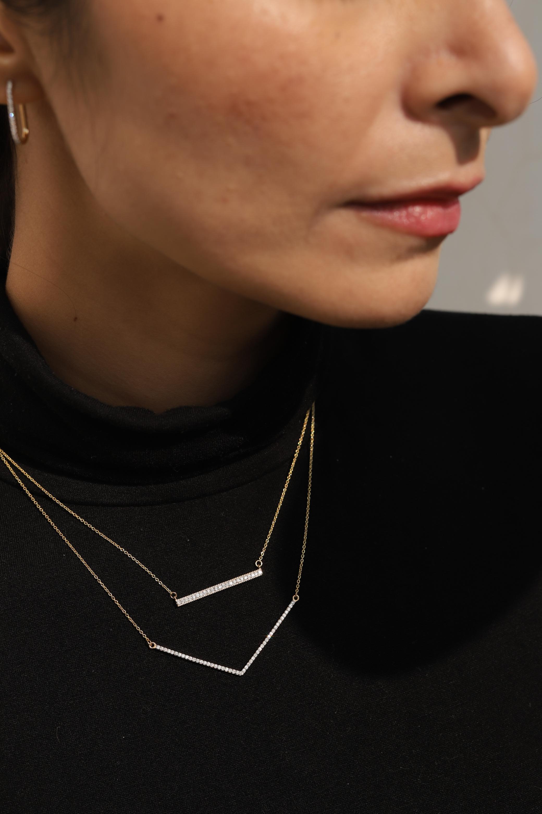 Genuine Diamond Bar Necklace Gift for Girlfriend in 14k Solid Yellow Gold For Sale 1