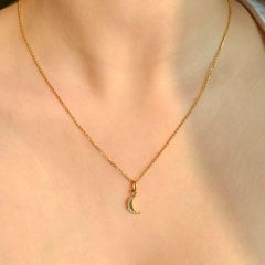 Diamond Crescent Moon Pendant Mini Necklace in 14K Yellow Gold