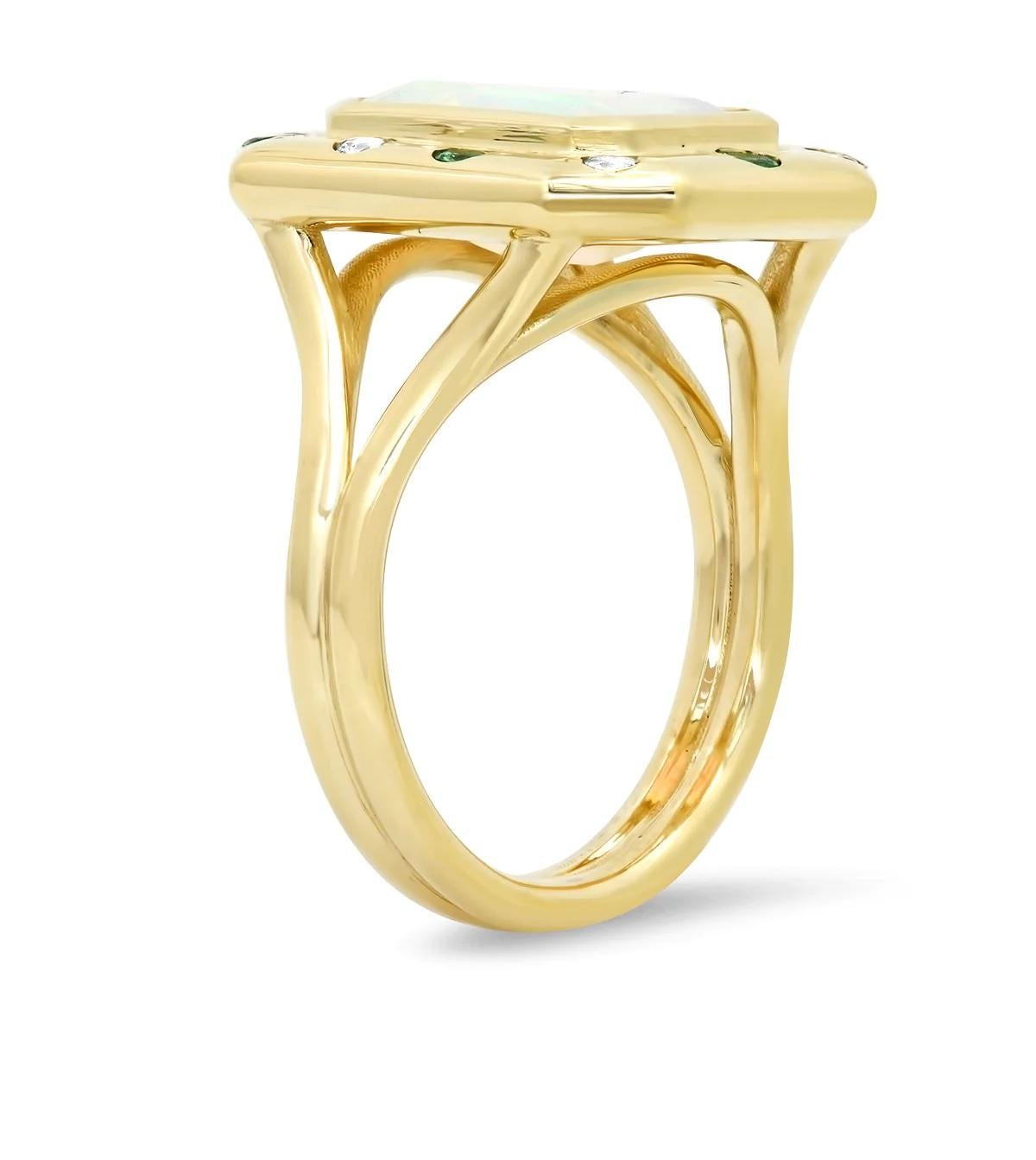 Retro 14k Yellow Gold Diamond, Opal & Green Tsavorite Cocktail Ring For Sale