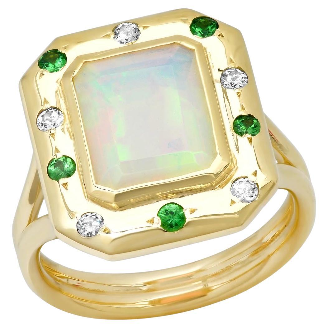 14k Yellow Gold Diamond, Opal & Green Tsavorite Cocktail Ring For Sale