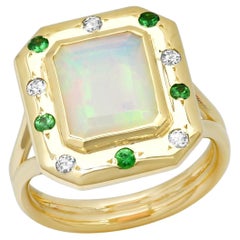 14k Yellow Gold Diamond, Opal & Green Tsavorite Cocktail Ring