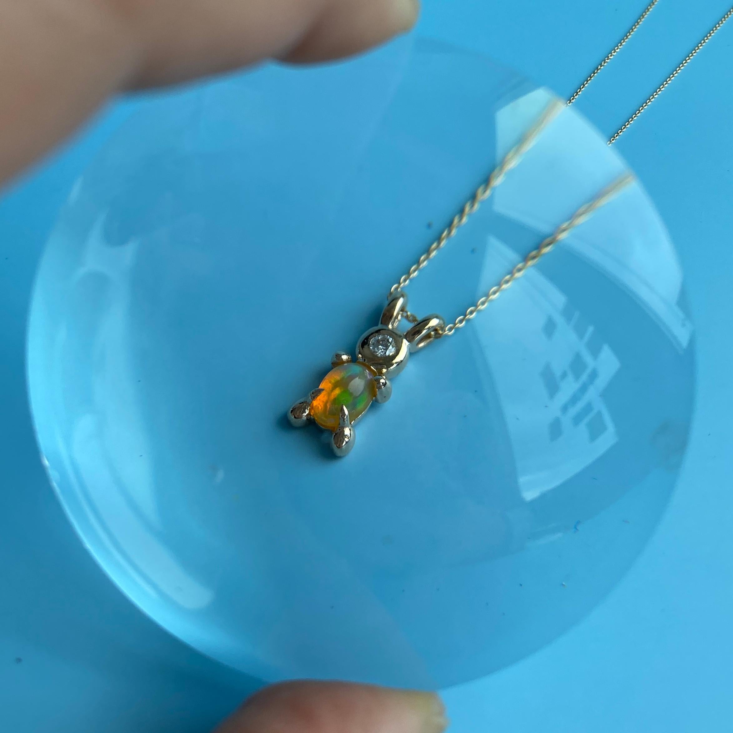 Cabochon 14k Yellow Gold Diamond Opal Lucky Rabbit Bunny Belly Animal Necklace Baubou For Sale