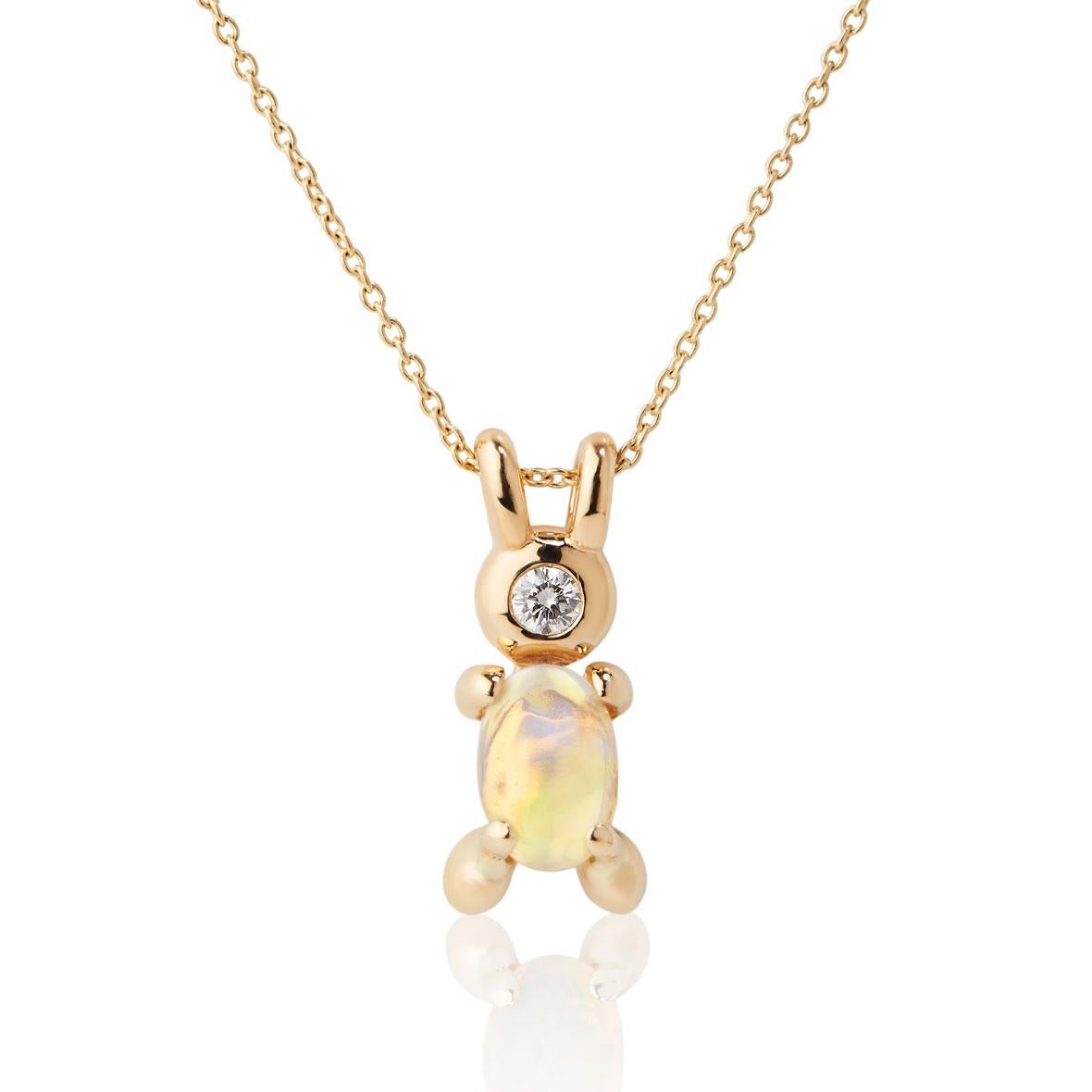 14k Yellow Gold Diamond Opal Lucky Rabbit Bunny Belly Animal Necklace Baubou For Sale