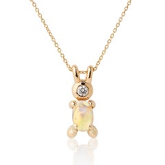 14k Yellow Gold Diamond Opal Lucky Rabbit Bunny Belly Animal Necklace Baubou