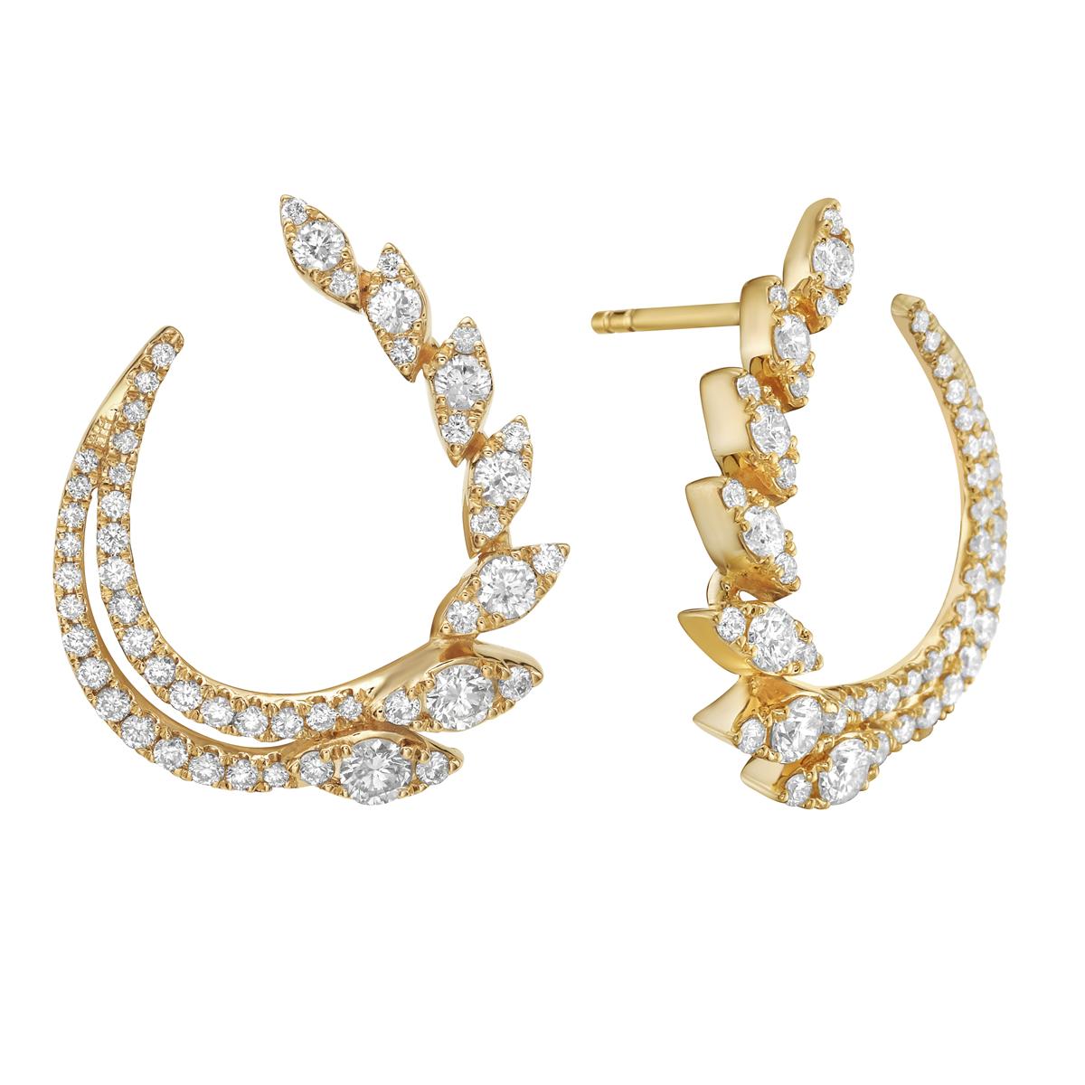 These 14K Yellow Gold Diamond Open Hoop Swirl Earrings are a beautiful mix of elegance and modern style. Made from 4.0 grams of solid yellow gold, they are lightweight and comfortable for all-day wear. The open hoop design with a delicate swirl adds