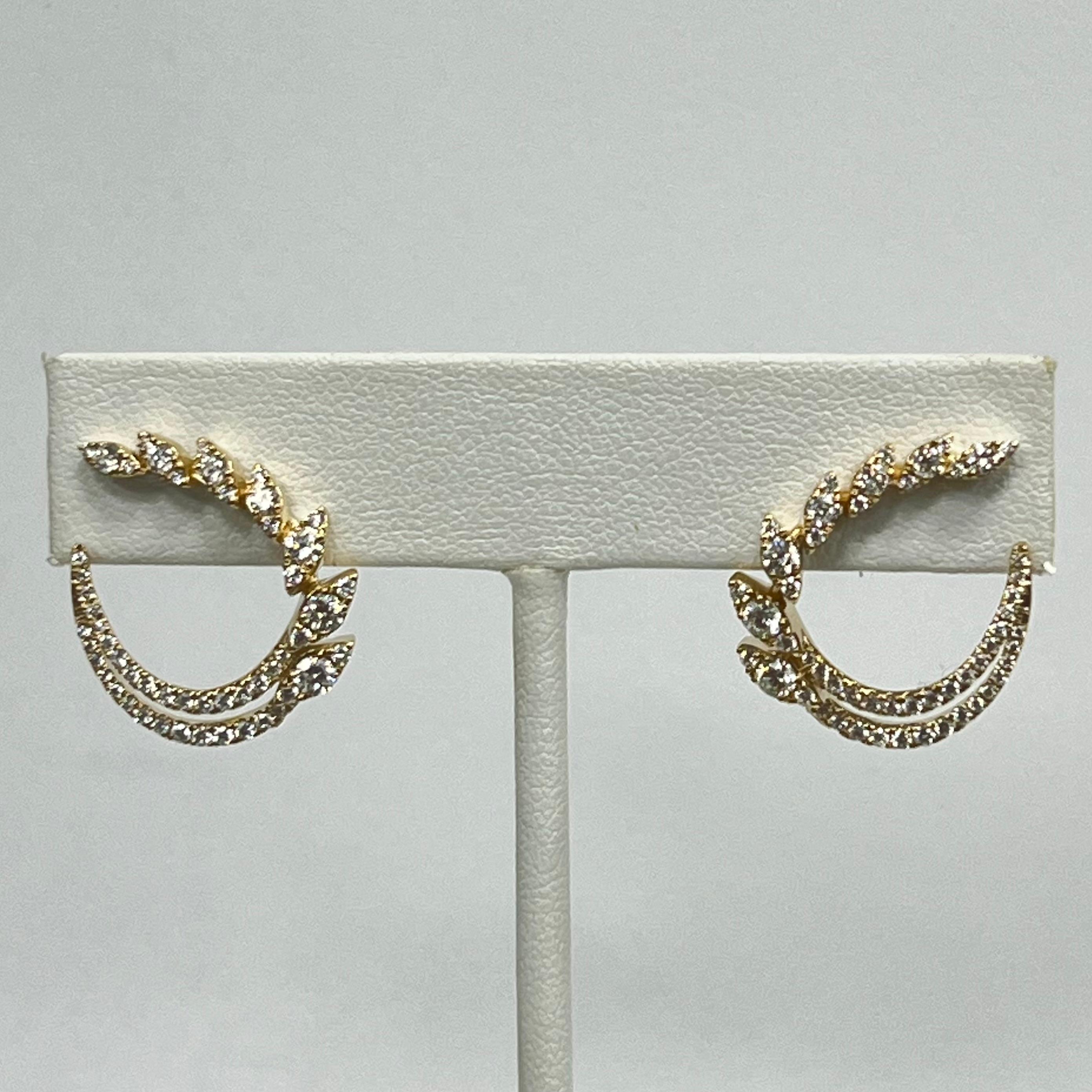 Modern 14K Yellow Gold Diamond Open Hoop Swirl Earrings For Sale