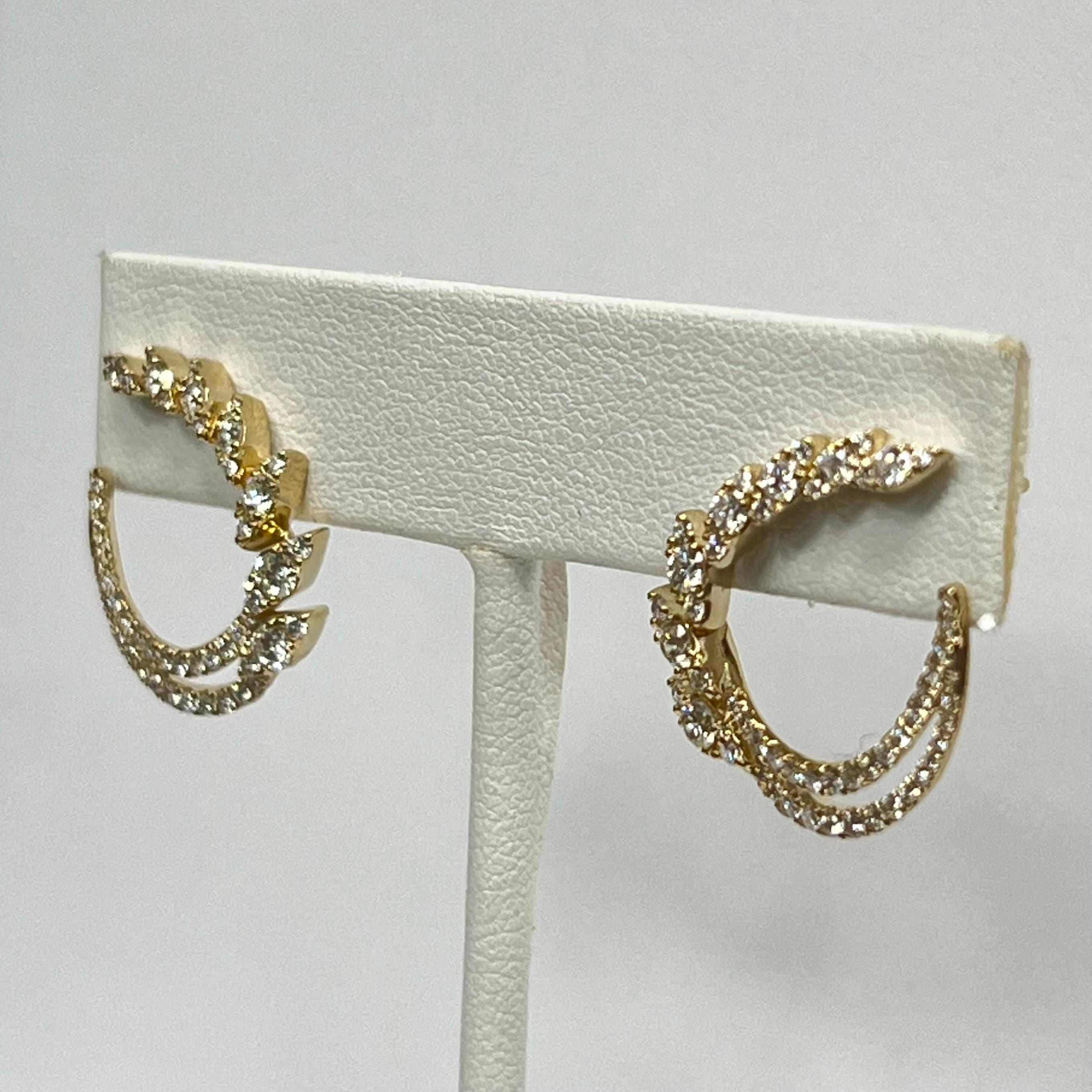 Brilliant Cut 14K Yellow Gold Diamond Open Hoop Swirl Earrings For Sale