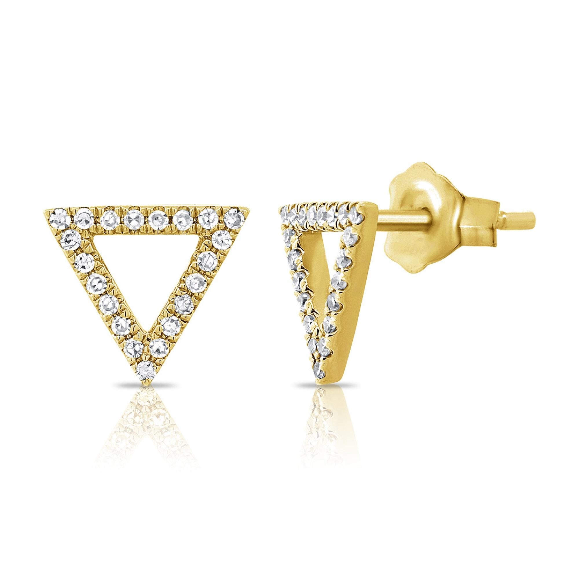 Taille simple Clous d'oreilles en or jaune 14 carats avec triangles ouverts et diamants pour elle en vente