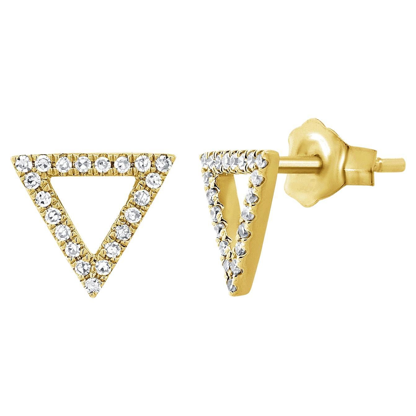 14K Yellow Gold Diamond Open Triangle Stud Earrings for Her For Sale
