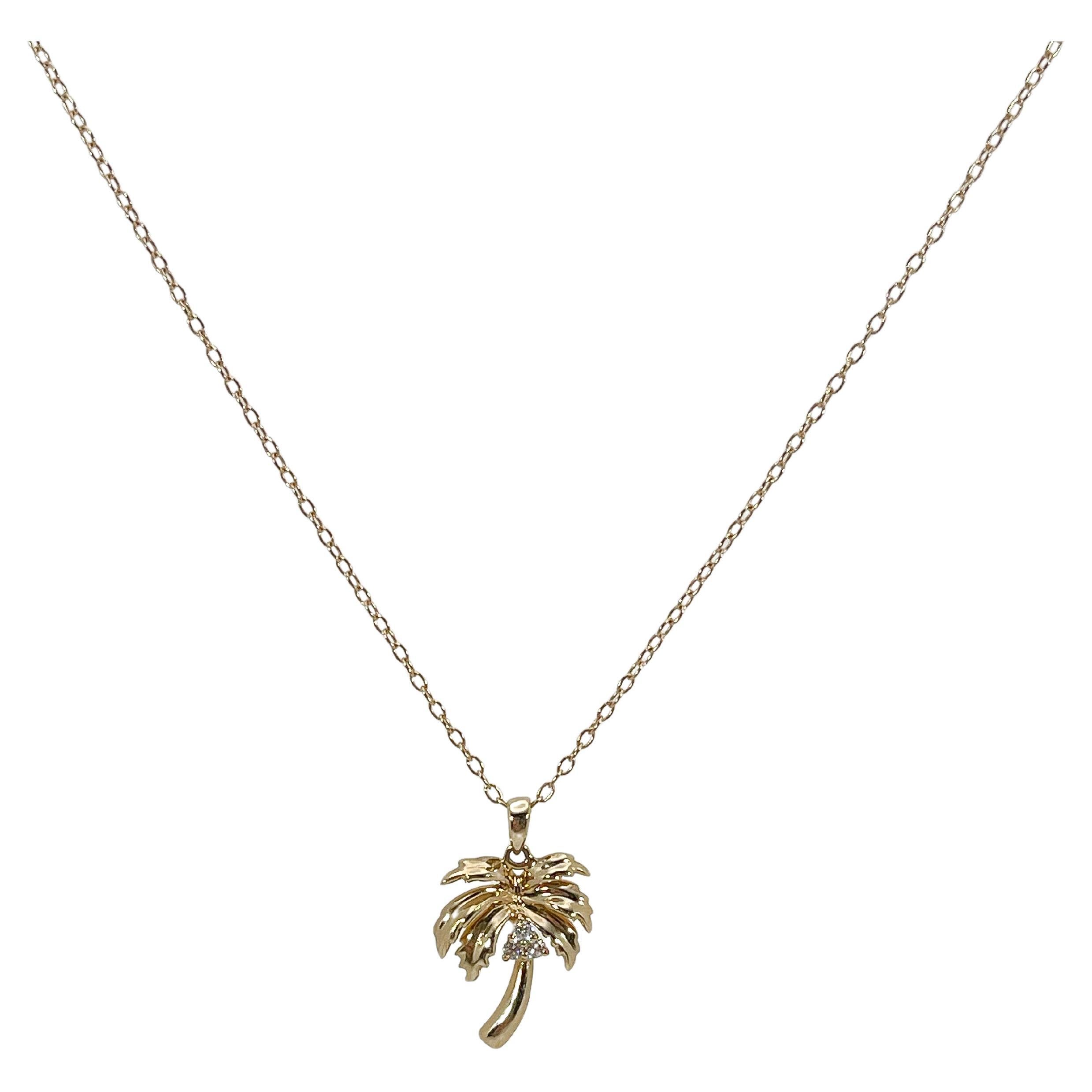 14K Yellow Gold Diamond Palm Tree Pendant Necklace