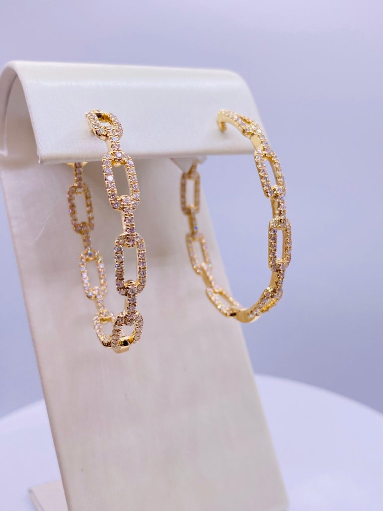 Diamond Paper Clip Hoop Yellow Gold Earrings For Sale at 1stDibs