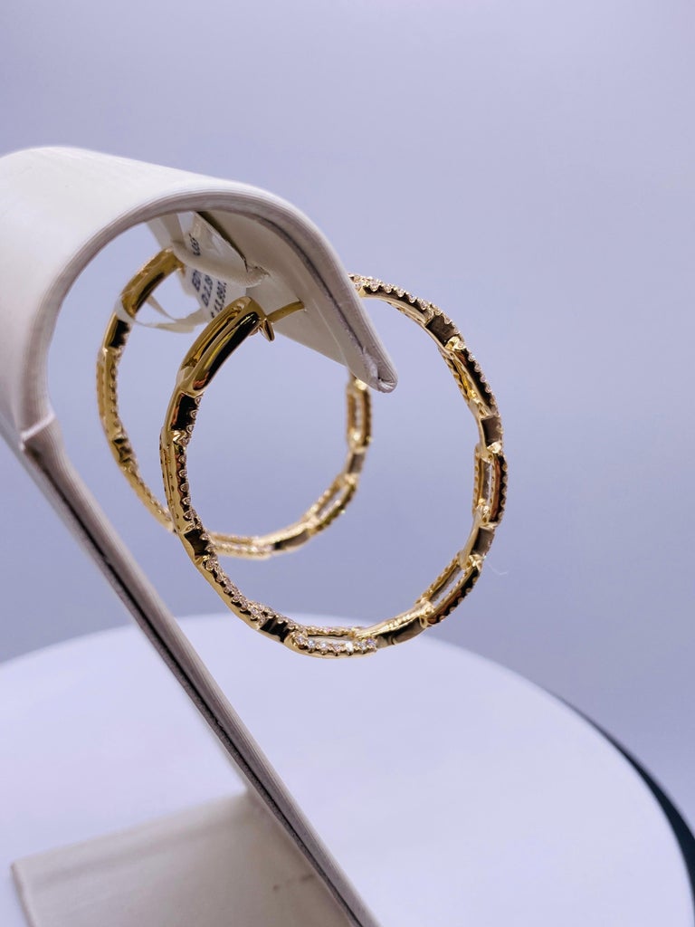 Diamond Paper Clip Hoop Yellow Gold Earrings For Sale at 1stDibs