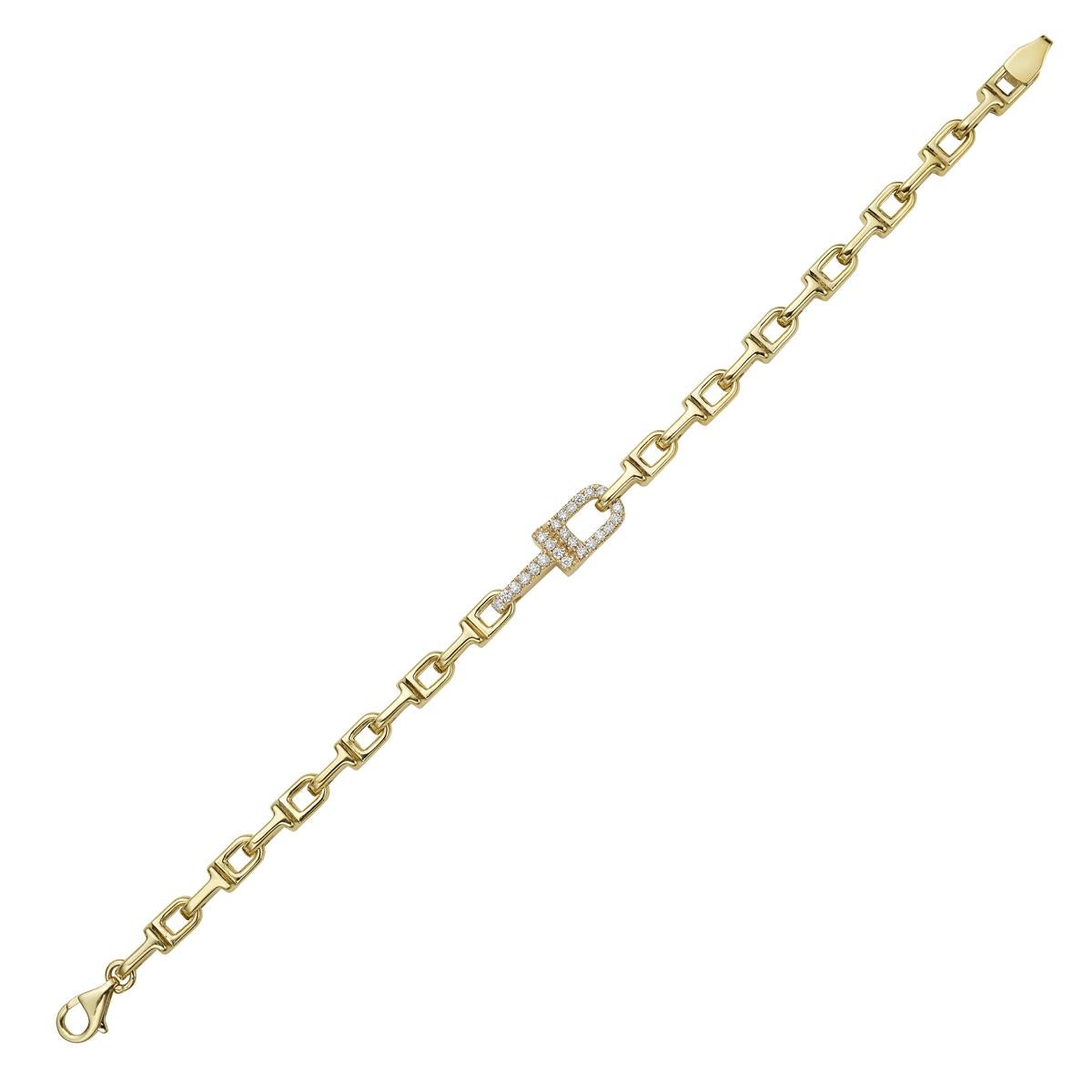 Esta pulsera clip de diamantes de oro amarillo de 14 quilates es una pieza atrevida y elegante que combina el diseño moderno con el brillo clásico. Fabricado en oro amarillo pulido, tiene eslabones elegantes tipo clip que le dan un aspecto moderno y
