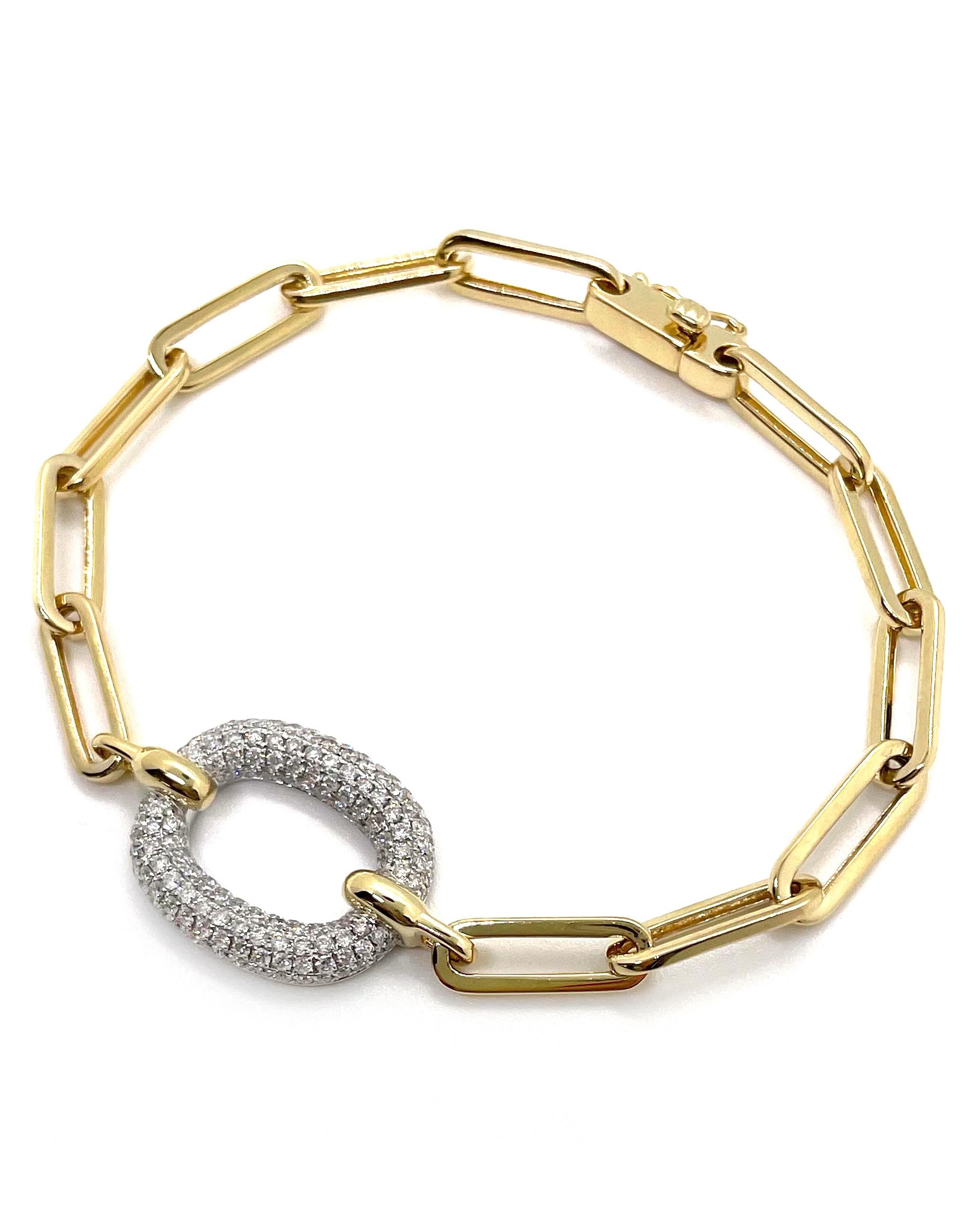 14K yellow gold solid paperclip bracelet with round pave set diamonds 1.00 carats total weight. 

* 7 inches long.