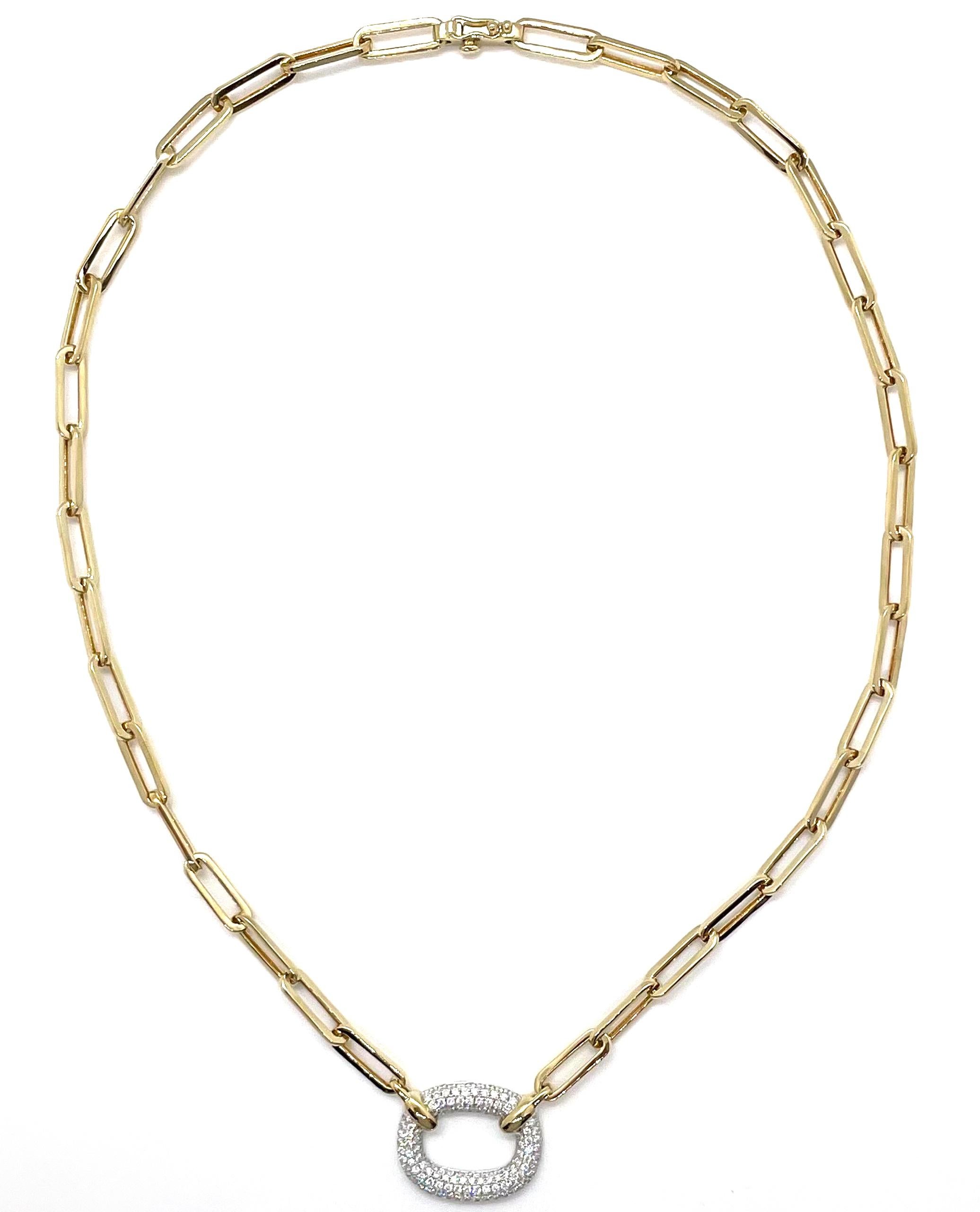 14K yellow gold solid paperclip necklace with round pave set diamonds 1.20 carats total weight. 

* 17 Inches Long