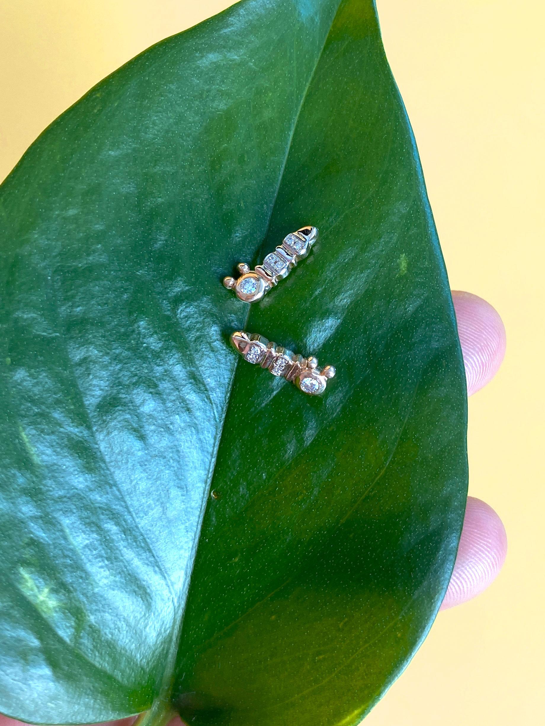 Brilliant Cut 14k Yellow Gold Diamond Pave Caterpillar Stud Insect Earrings Baubou For Sale