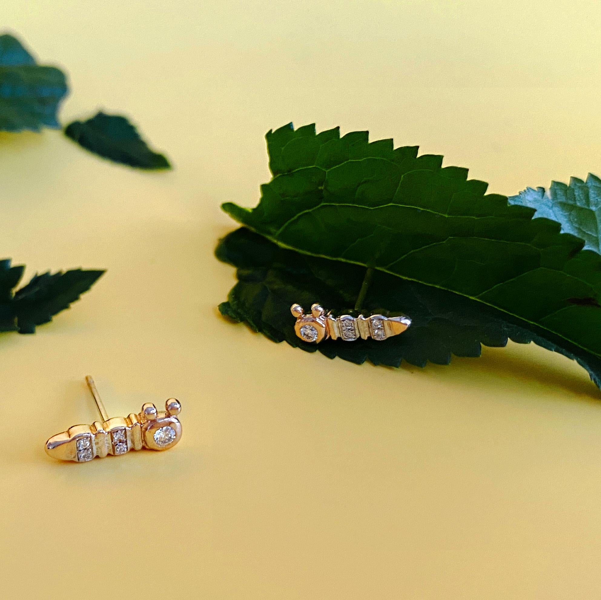 14k Yellow Gold Diamond Pave Caterpillar Stud Insect Earrings Baubou In New Condition For Sale In Long Island City, NY
