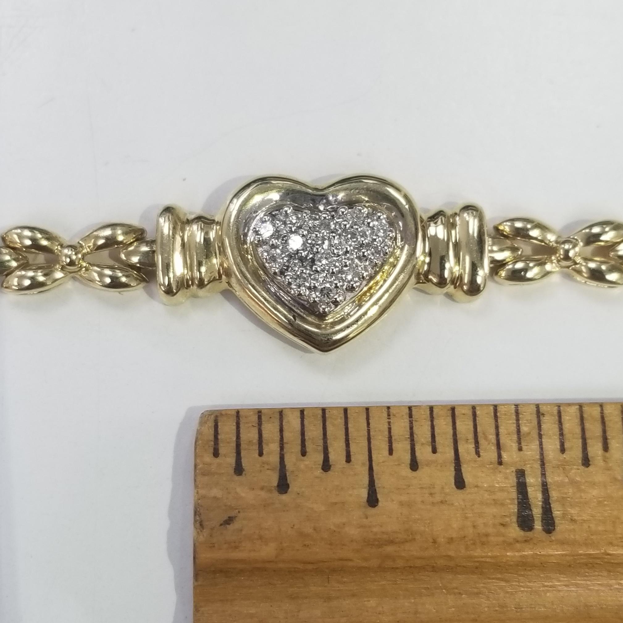 Contemporary 14 Karat Yellow Gold Diamond Pave' Heart Bracelet on Link Bracelet