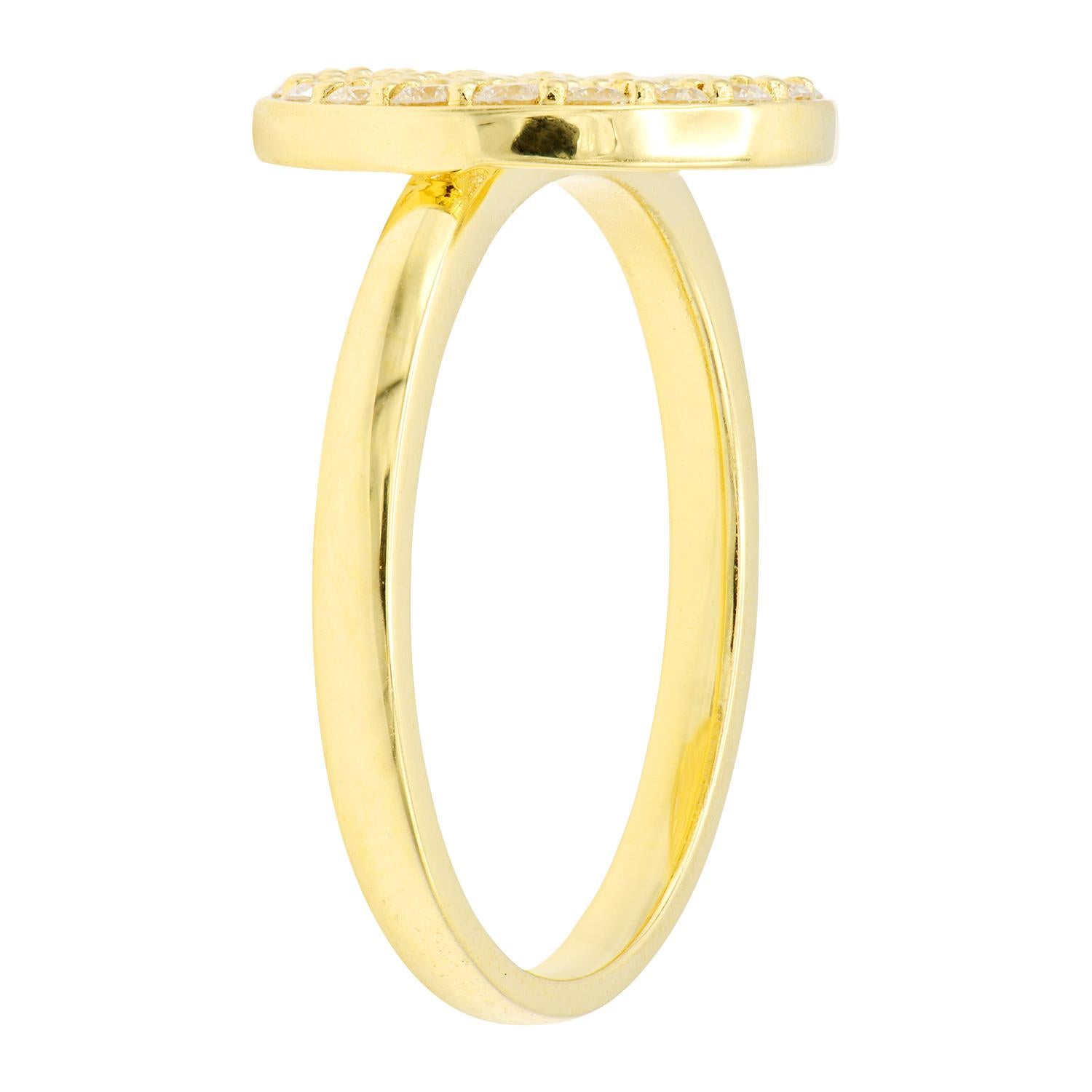 Attend an event and turn heads with this beautiful round diamond pave ring. This 14 karat yellow gold ring made from 2.7 grams of gold contains 37 round SI, H color diamonds totaling 0.63 carats. The diamonds are laid together in a circled shape,