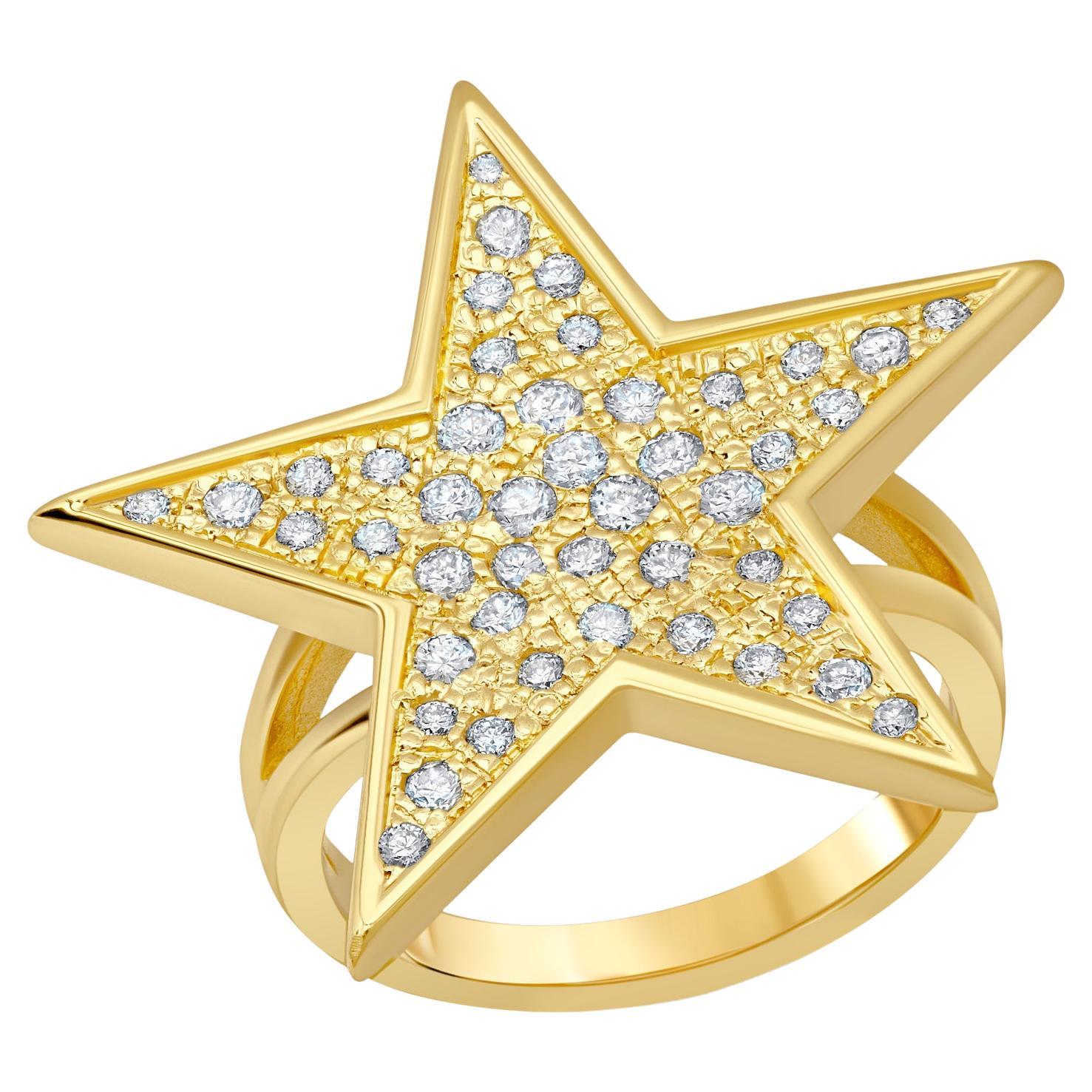 14k Yellow Gold & Diamond Pave Star Ring For Sale