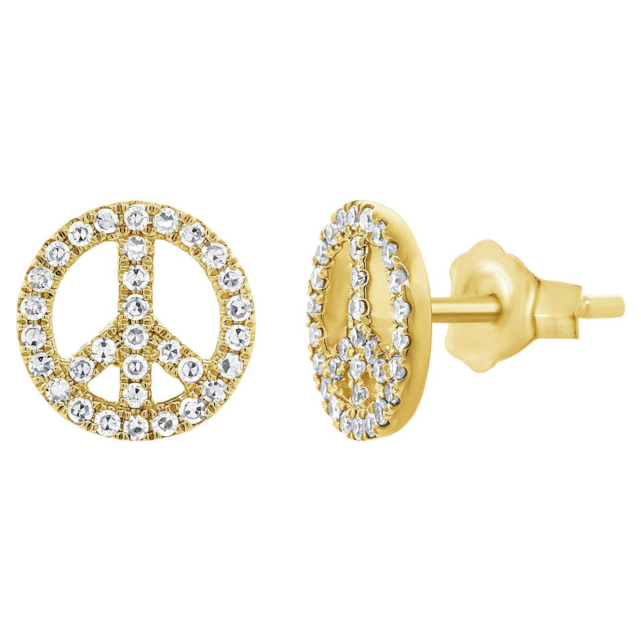 14K Yellow Gold Diamond Peace Sign Stud Earrings for Her For Sale