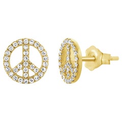 14K Yellow Gold Diamond Peace Sign Stud Earrings for Her