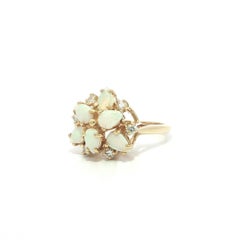 14k Yellow Gold Diamond & Pear Cabochon White Fiery Opal Cluster Flower Ring