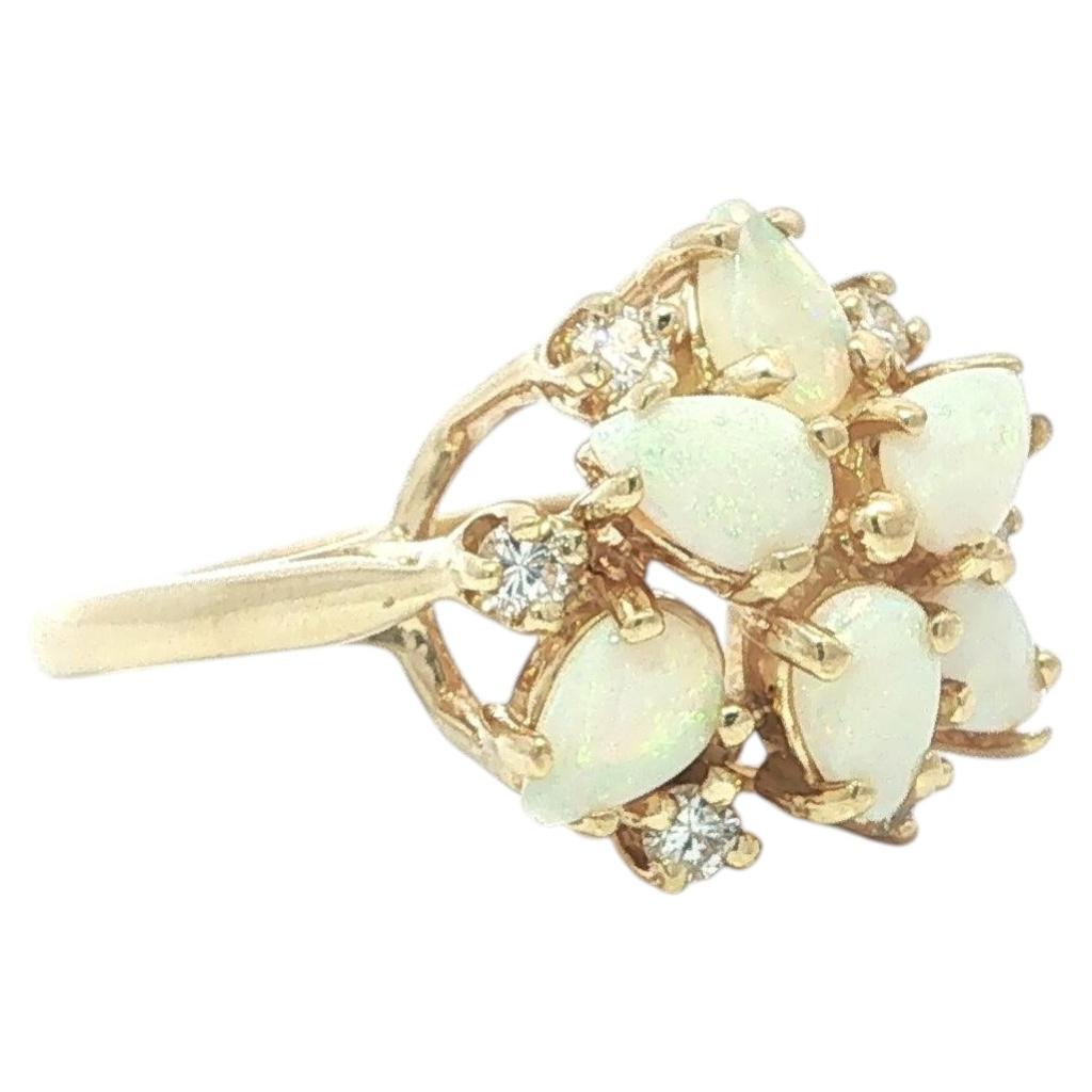 14k Yellow Gold Diamond & Pear Cabochon White Fiery Opal Cluster Flower Ring For Sale