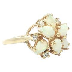 14k Yellow Gold Diamond & Pear Cabochon White Fiery Opal Cluster Flower Ring