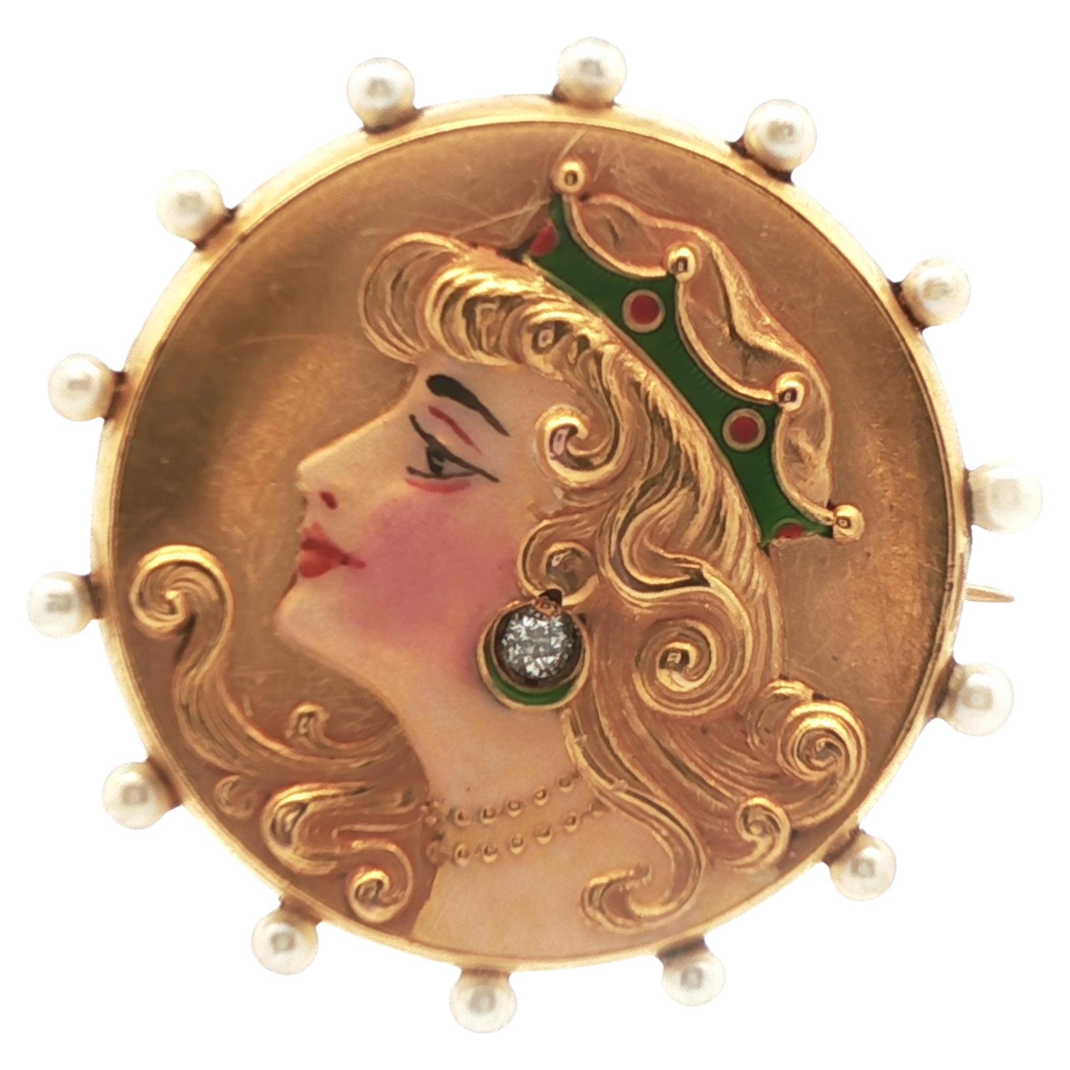 Spilla/portaorologi in oro giallo 14k con diamanti e perle in vendita